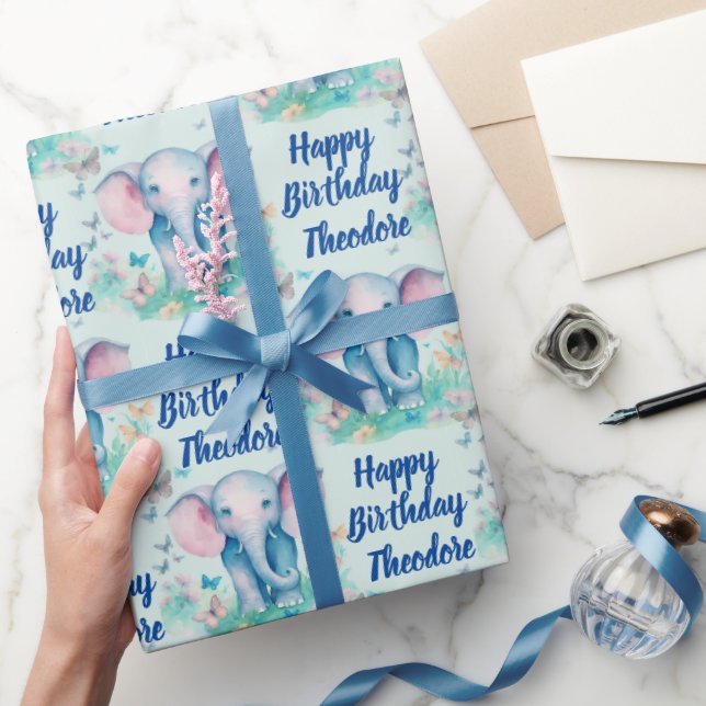Baby Elephant Boys Personalisiert Geburtstag Geschenkpapier (Schenken)