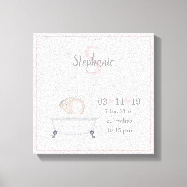 Baby Elephant Bubble Bath Girl Geburtsankündigung Leinwanddruck (Vorderseite)