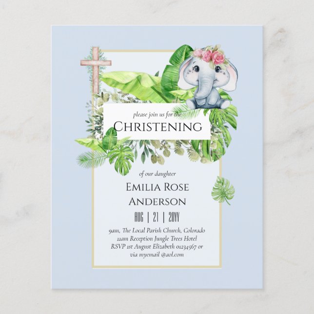 Baby Elephant CHRISTENING Einladung für Mädchenjun Flyer (Vorne)