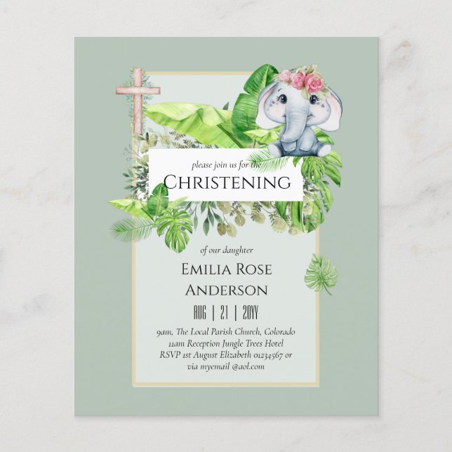 Baby Elephant CHRISTENING Einladung für Mädchenjun Flyer (Vorne)