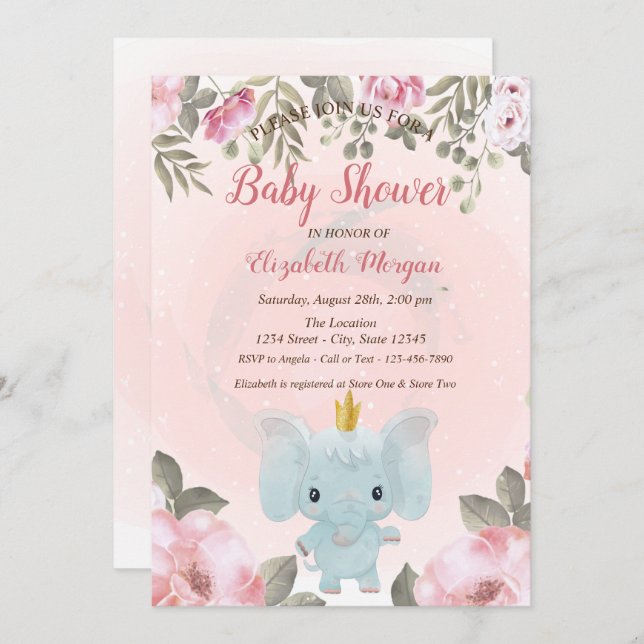 Baby Elephant Crown Floral Baby Dusche Einladung (Vorne/Hinten)