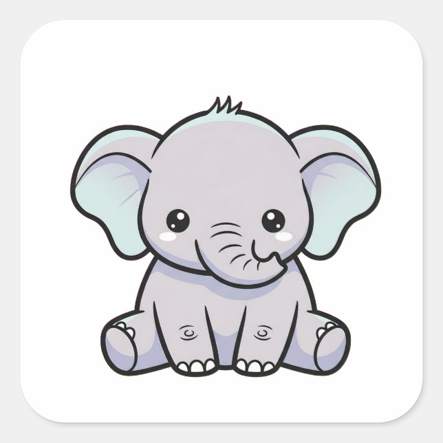 Baby Elephant – Cute Kawaii Illustration Quadratischer Aufkleber (Vorderseite)