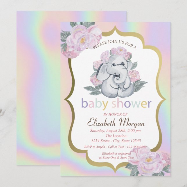 Baby Elephant, florale, holografische Babydusche Einladung (Vorne/Hinten)