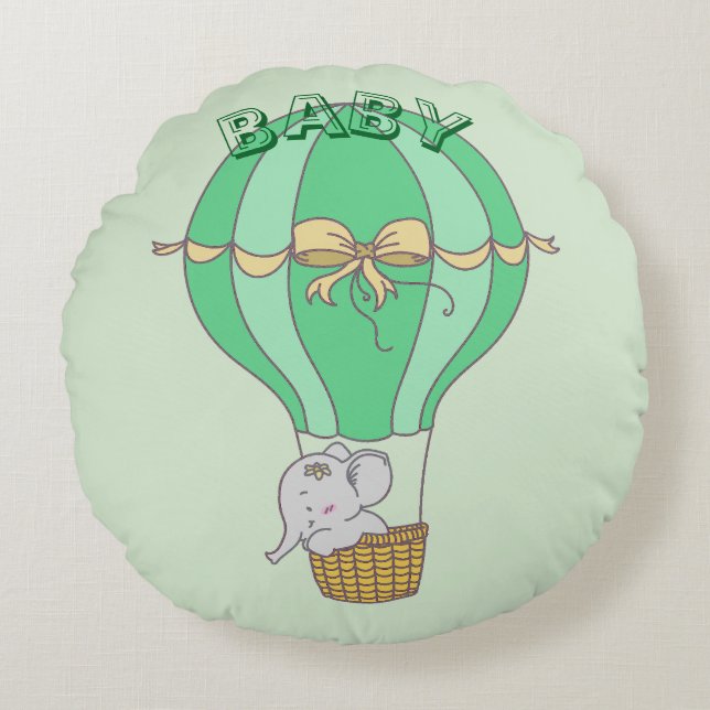 Baby Elephant Flying in Balloon Gender Neutral  Rundes Kissen (Vorderseite)
