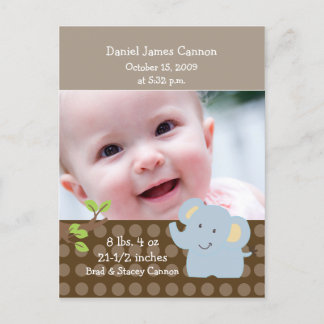 Baby Elephant FOTO Geburtsankündigung Custom Ankündigungspostkarte