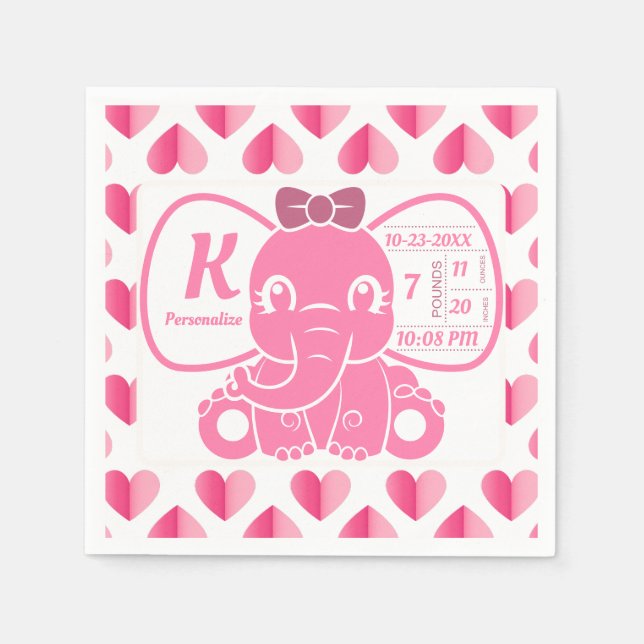Baby Elephant Geburtsankündigung Pink Girl Serviette (Vorderseite)