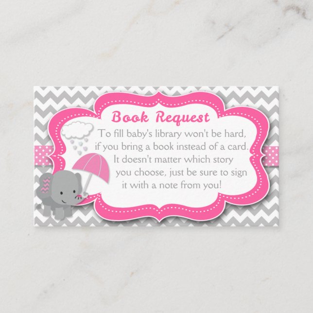 Baby Elephant Girl Baby Dusche Rosa Buchanfrage Begleitkarte (Vorderseite)