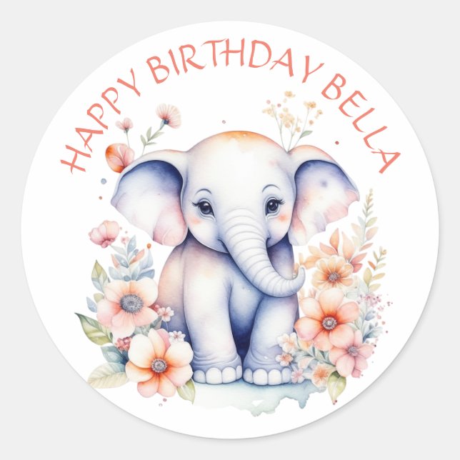 Baby Elephant Girl's Birthday Party Personalisiert Runder Aufkleber (Vorderseite)