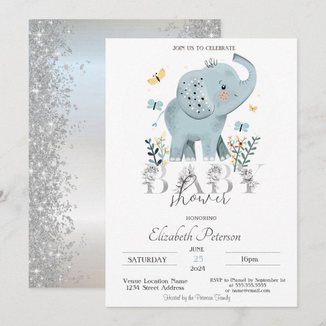 Baby Elephant Glitzer Silver Baby Dusche Einladung (Vorne/Hinten)