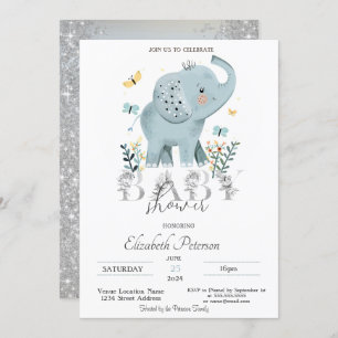 Baby Elephant Glitzer Silver Baby Dusche Einladung