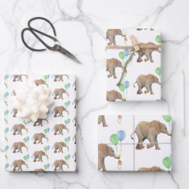 Baby Elephant green & blue balloon Set x3.  Geschenkpapier Set