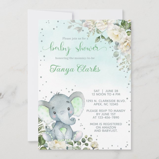 Baby elephant & green flowers girl baby shower. einladung (Vorderseite)
