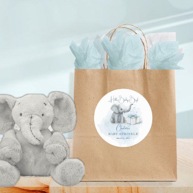 Baby Elephant Hello Baby Blue Baby Sprinkle Runder Aufkleber (Von Creator hochgeladen)