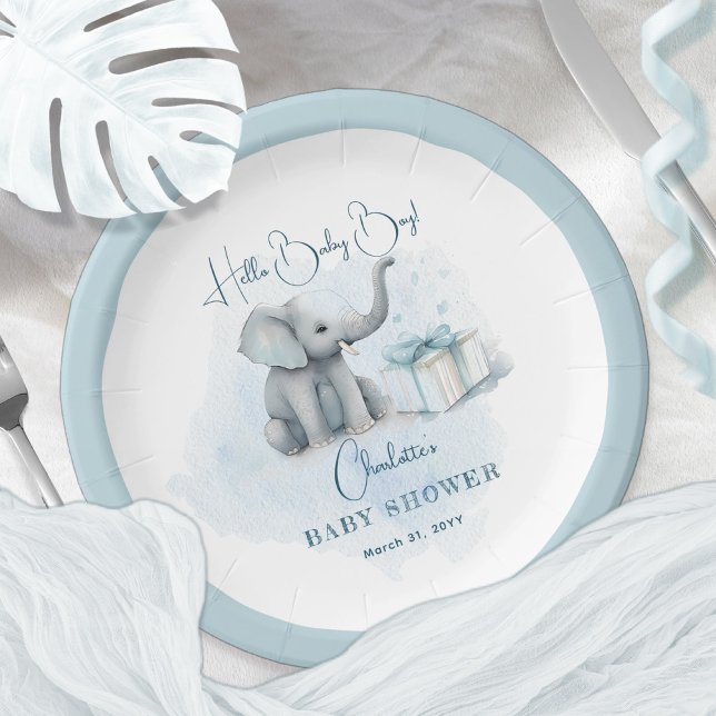 Baby Elephant Hello Baby Boy Blue Baby Dusche Pappteller (Von Creator hochgeladen)