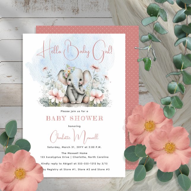 Baby Elephant Hello Baby Girl Floral Baby Shower Einladung (Von Creator hochgeladen)