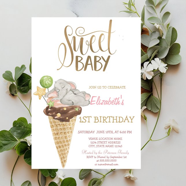 Baby Elephant Ice Cream Striping Birthday Einladung (Von Creator hochgeladen)