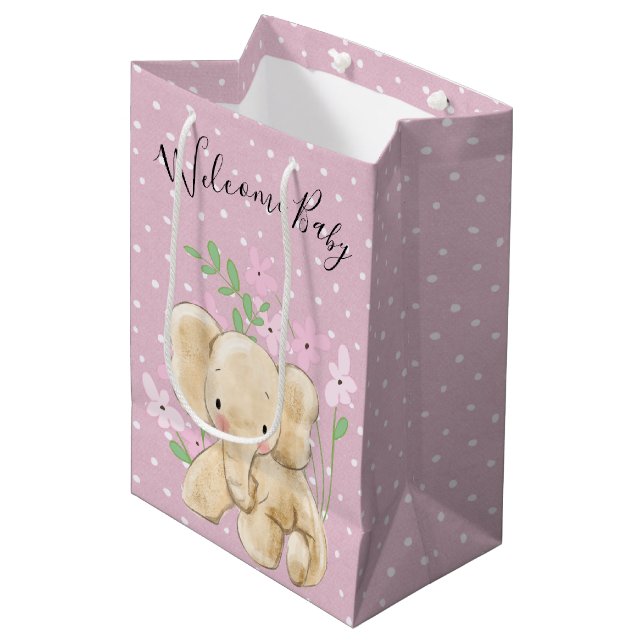 Baby Elephant in Blume auf Polka Dots Mittlere Geschenktüte (Vorderseite Schrägansicht)