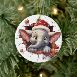 Baby Elephant in Weihnachtsmannmütze - 3D Keramik Ornament
