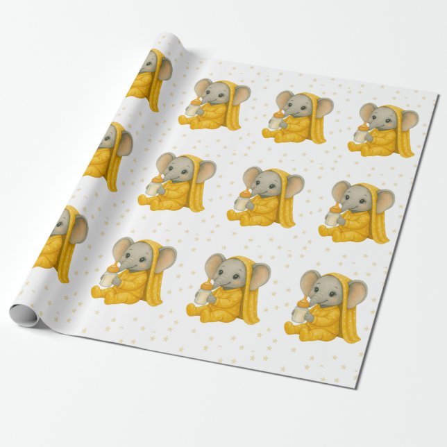 Baby Elephant in Yellow Pajamas Babydusche Geschenkpapier (Ungerollt)