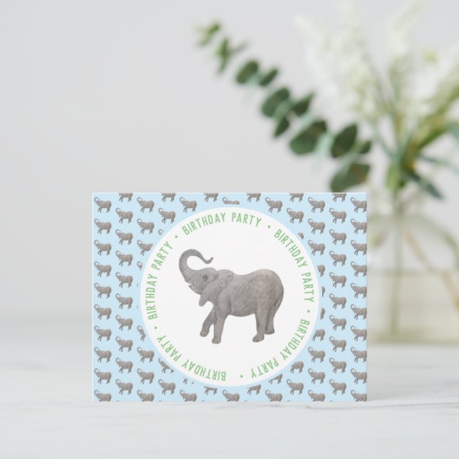Baby Elephant Light Blue Geburtstag Einladungspostkarte (Stehend Vorderseite)