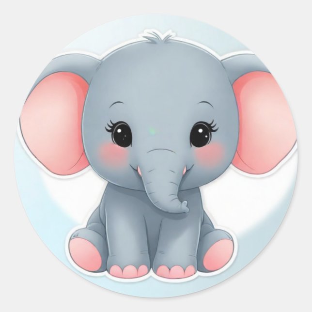 Baby Elephant mit blütigen Wangen, Kawaii Runder Aufkleber (Vorderseite)