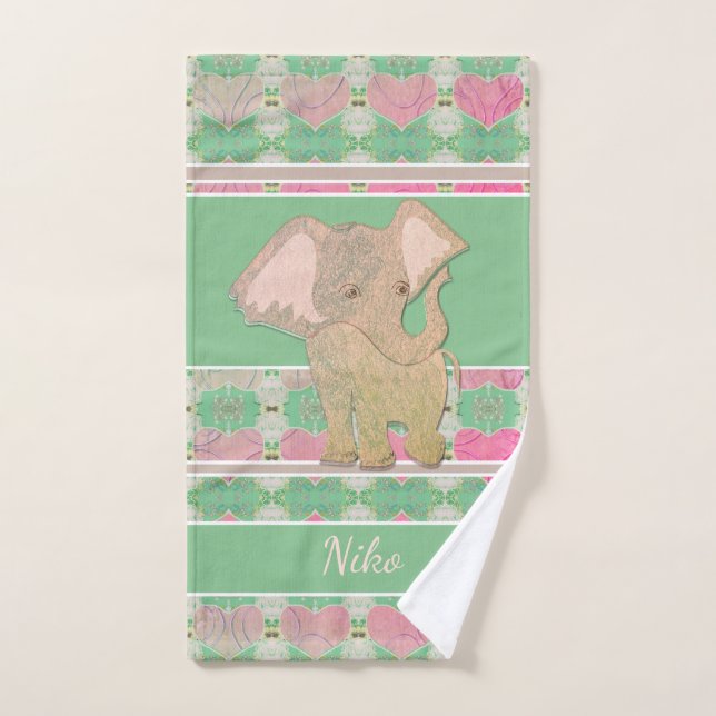 Baby Elephant mit Herz/Rosa und Grün Badhandtuch Set (Handtuch)