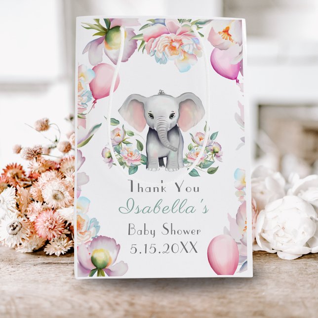 Baby Elephant mit Peonies & Balloons Babydusche Mittlere Geschenktüte (Celebrate joyfully with baby elephant, peonies, and balloons: shower happiness!)