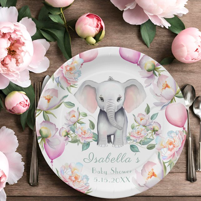 Baby Elephant mit Peonies & Balloons Babydusche Pappteller (Serve delectable treats with style on these adorable Baby Shower Paper Plates!)