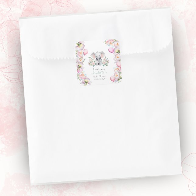 Baby Elephant mit Peonies & Balloons Vielen Dank Quadratischer Aufkleber (Baby Elephant & Peonies Candy Stickers: for Baby Showers favor bags.)