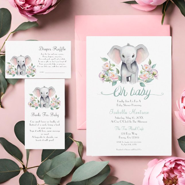 Baby Elephant mit Peonies, Eucalyptus Baby Dusche Einladung (This charming invitation will delight your guests with a baby elephant surrounded by peonies.)
