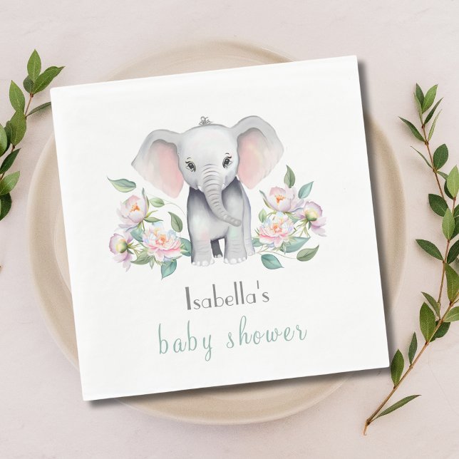Baby Elephant mit Peonies, Eucalyptus Napkin Serviette (Von Creator hochgeladen)