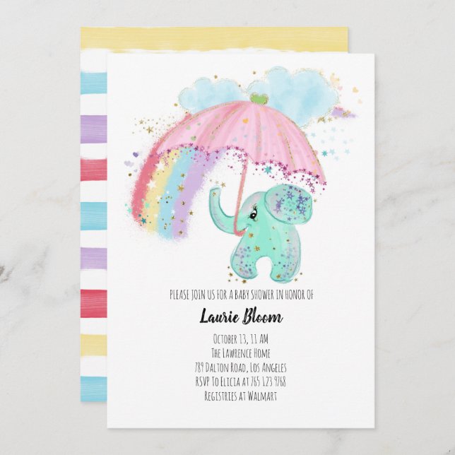 Baby Elephant mit Rainbow Baby Shower Einladung (Vorne/Hinten)