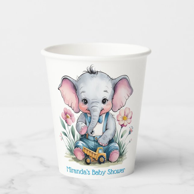 Baby Elephant mit Truck Baby Dusche Pappbecher (Vorderseite)