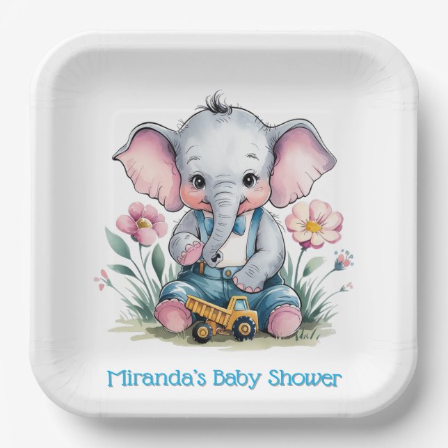 Baby Elephant mit Truck Baby Dusche Pappteller (Vorderseite)