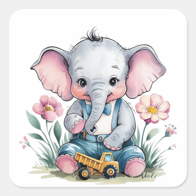 Baby Elephant mit Truck Baby Dusche Quadratischer Aufkleber (Vorderseite)