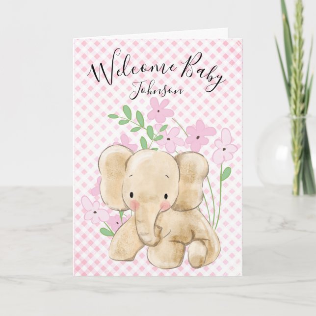 Baby Elephant On Pink Gingham Karte (Vorderseite)