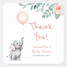 Baby Elephant Pink Baby Dusche Danke für Ihre Unte Quadratischer Aufkleber