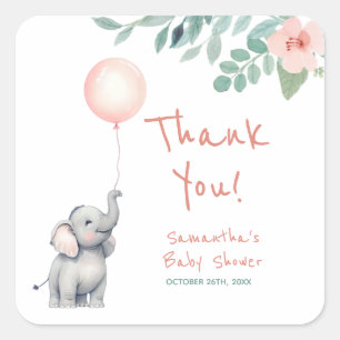 Baby Elephant Pink Baby Dusche Danke für Ihre Unte Quadratischer Aufkleber