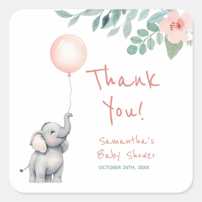 Baby Elephant Pink Baby Dusche Danke für Ihre Unte Quadratischer Aufkleber (Vorderseite)