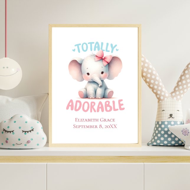 Baby Elephant Pink Baby Girl Kinderzimmer Wall Art Poster (Personalized Baby Elephant Nursery Wall Art Baby Girl. Baby Shower or New Baby Gift)