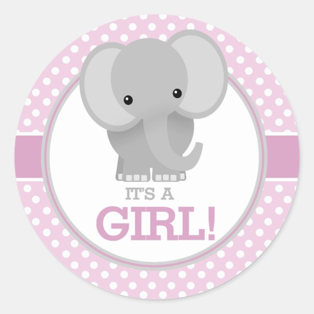 Baby Elephant (pink) Es ist ein Mädchen Runder Aufkleber (Vorderseite)