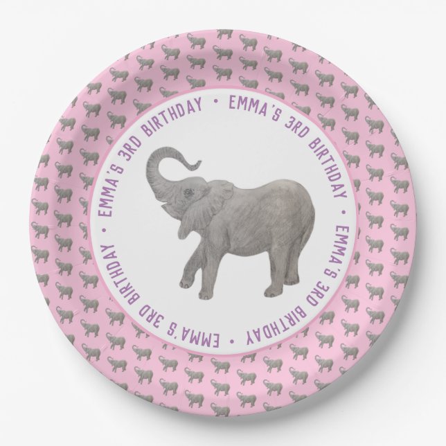 Baby Elephant Pink Geburtstag Pappteller (Vorderseite)