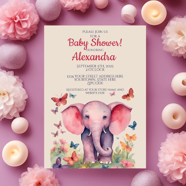 Baby Elephant Pink Girls Babydusche Einladung (Von Creator hochgeladen)