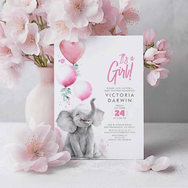 Baby Elephant Pink und Grau Niedlich Girl Baby Dus Einladung (Pink Balloons and Elephant Baby Shower Invitations - It's A Girl!)
