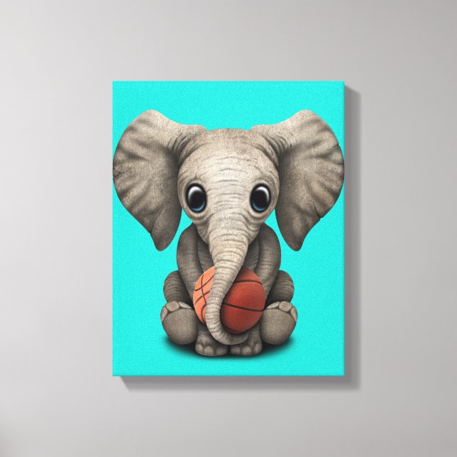 Baby Elephant Playing With Basketball Leinwanddruck (Vorderseite)