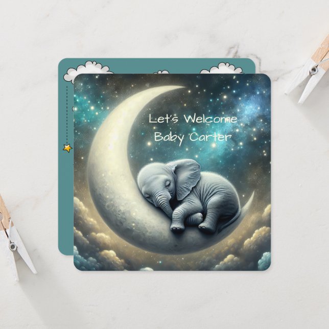 Baby Elephant schläft auf dem Halbmond Einladung (Vorderseite/Rückseite Beispiel)