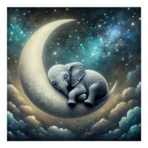 Baby Elephant schläft auf dem Halbmond Poster