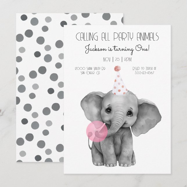 Baby Elephant Schwarz-Weiß Geburtstag Einladung (Vorne/Hinten)