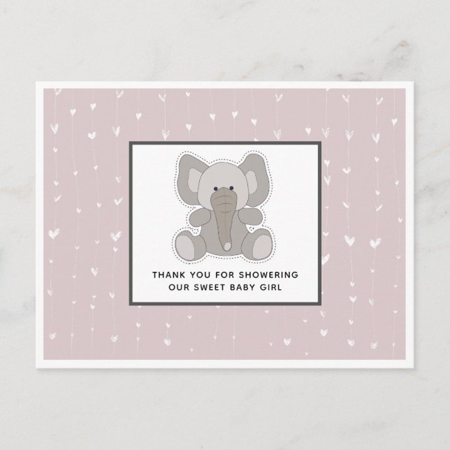 Baby Elephant String Hearts Baby Dusche Vielen Dan Postkarte (Vorderseite)