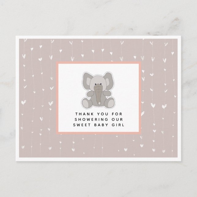 Baby Elephant String Hearts Baby Dusche Vielen Dan Postkarte (Vorderseite)